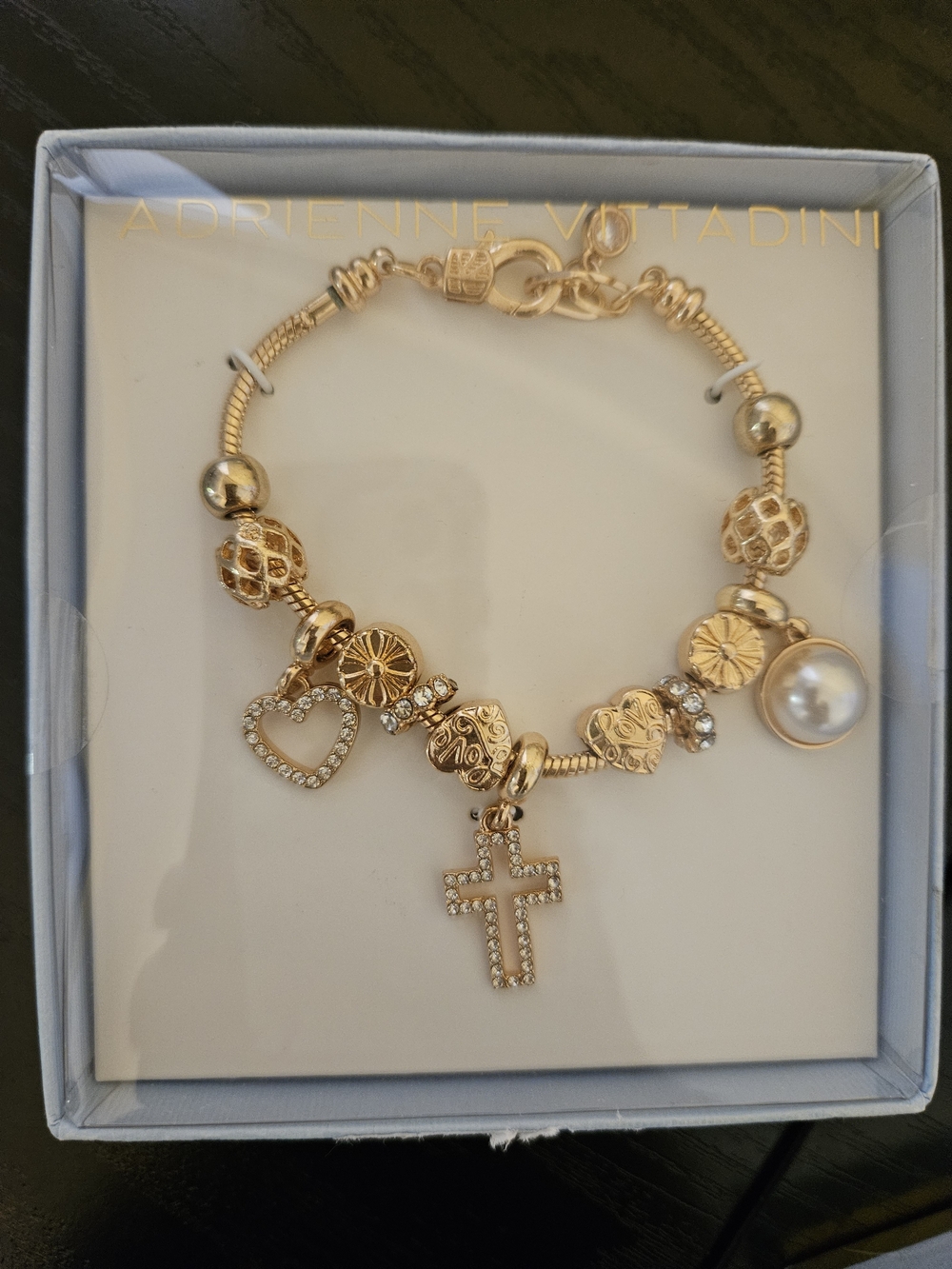 Adrienne Vittadini Gold Charm Bracelet with Pearl and Cross